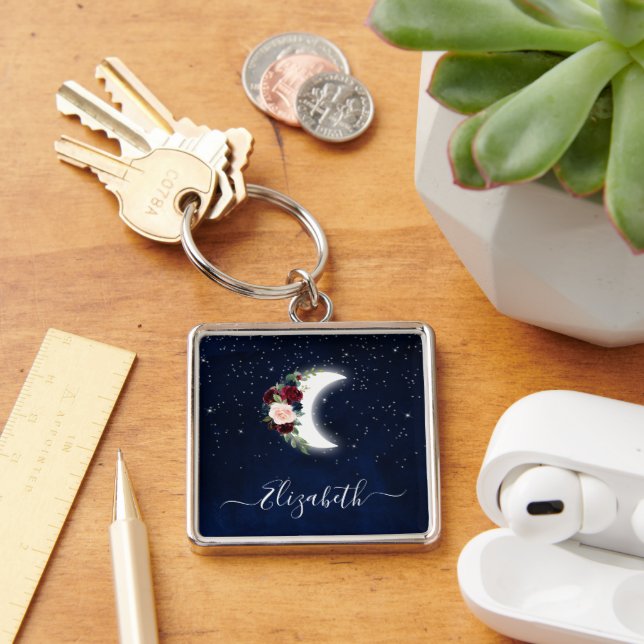 Watercolor Sky Celestial Floral Moon Stars Keychain (Desk)