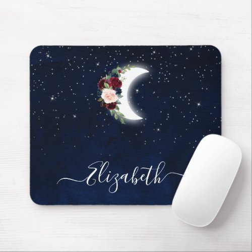 Watercolor Sky Celestial Floral Moon Stars Mouse Pad