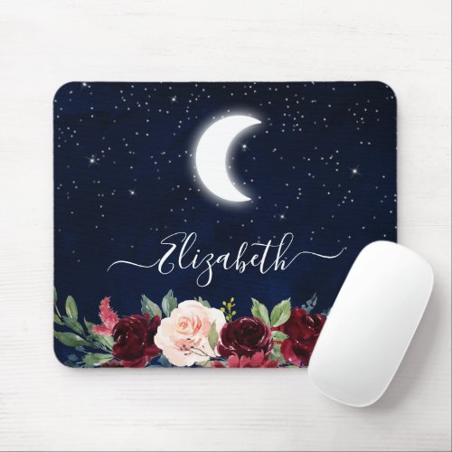 Watercolor Sky Celestial Moon Stars Floral Mouse Pad