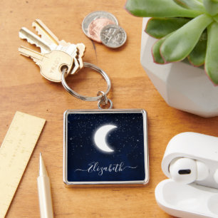 Watercolor Sky Celestial Moon Stars Keychain