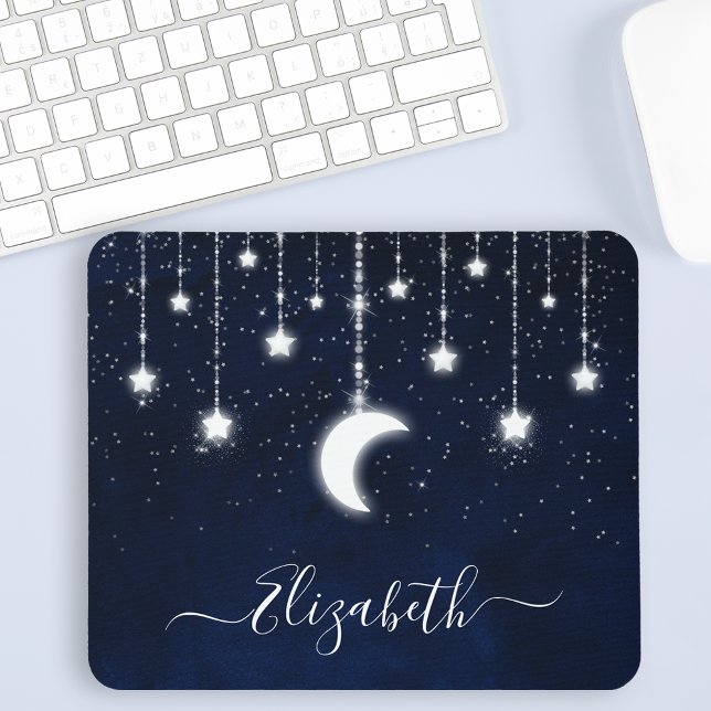 Watercolor Sky Celestial Moon Stars String Lights Mouse Pad (Customize to change text color, text style or to add more text.)