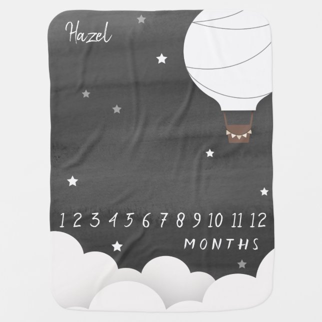 Watercolor Sky Hot Air Balloon Baby Milestone Baby Blanket (Front)