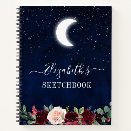 Watercolor Sky Moon Stars Floral Sketchbook Notebook