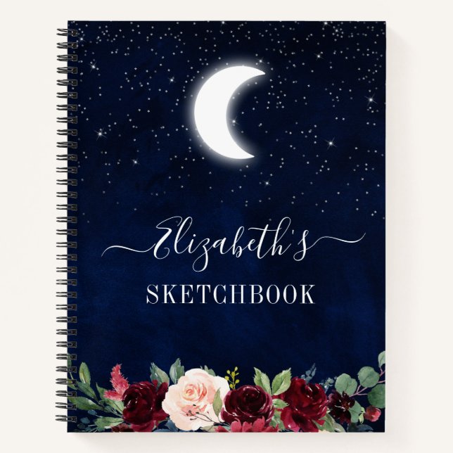 Watercolor Sky Moon Stars Floral Sketchbook Notebook (Front)