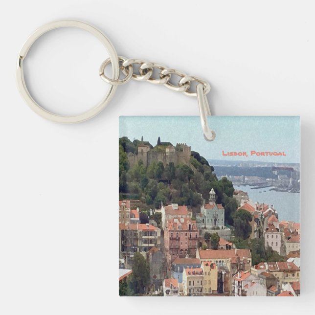 Watercolor Skyline of Lisbon Keychain (Front)