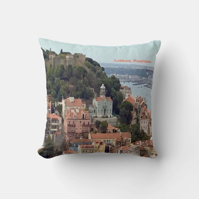 Watercolor Skyline of Lisbon Throw Pillow (Front)