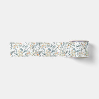 Watercolor Slate Gray Botanical Eucalyptus Leaves Satin Ribbon