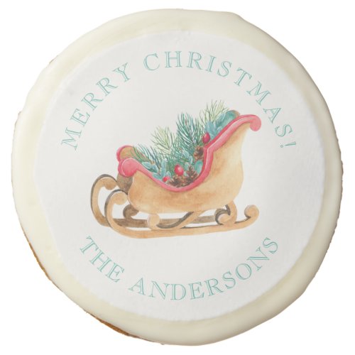 Watercolor Sled Pine Floral White Merry Christmas Sugar Cookie