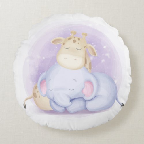 Watercolor Sleeping Baby elephant and Giraffe Round Pillow