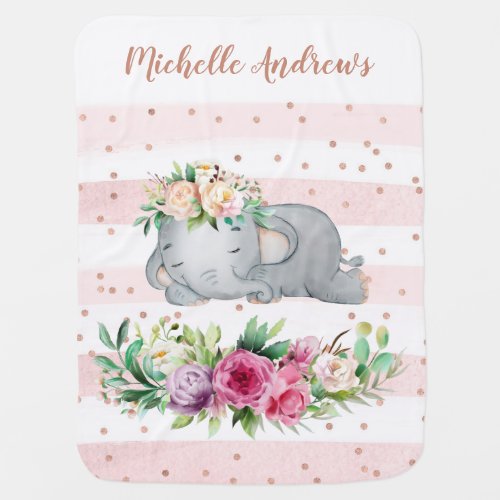 Watercolor Sleeping Baby Elephant Pink Floral Baby Blanket