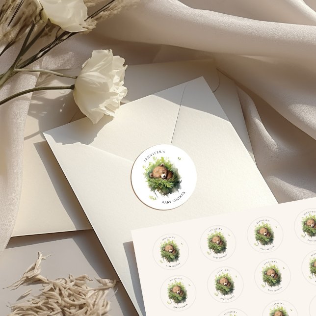 Watercolor Sleeping Bear Baby Shower Classic Round Sticker (Creator Uploaded)