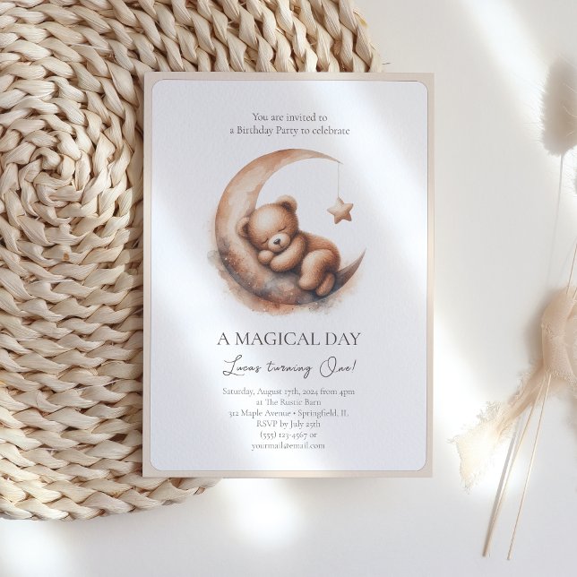 Watercolor Sleeping Brown Beige Bear on the Moon Invitation (Creator Uploaded)