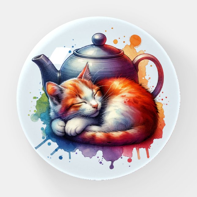 Watercolor Sleeping Cat Teapot Paperweight (Front)