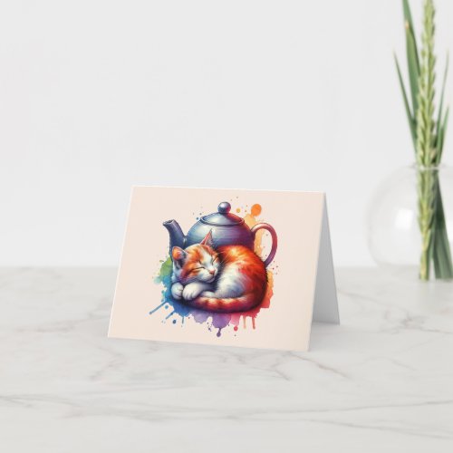 Watercolor Sleeping Cat Teapot Thank You Card