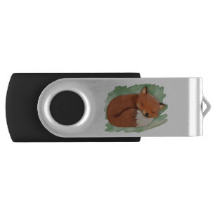 Watercolor Sleeping Fox USB swivel flash drive