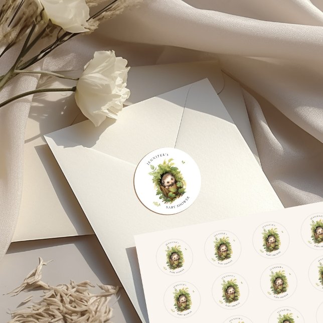 Watercolor Sleeping Hedgehog Greenery Baby Shower Classic Round Sticker (Creator Uploaded)