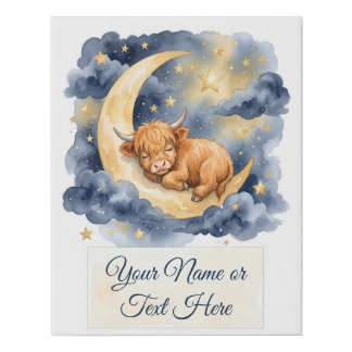 Watercolor Sleeping Highland Calf Crescent Moon Faux Canvas Print