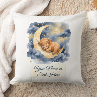 Watercolor Sleeping Highland Calf Crescent Moon Throw Pillow