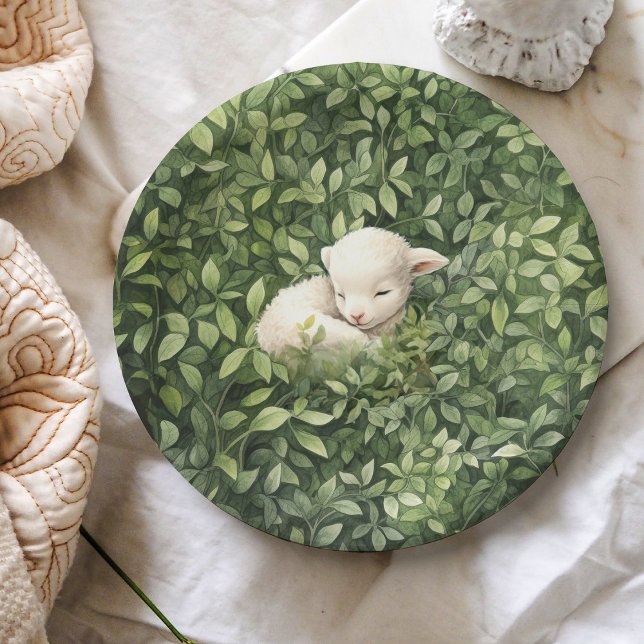 Watercolor Sleeping Lamb Greenery Baby Shower Paper Plates (Creator Uploaded)