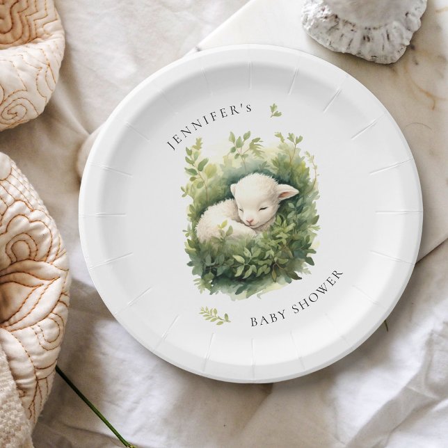 Watercolor Sleeping Lamb Greenery Baby Shower Paper Plates (Creator Uploaded)