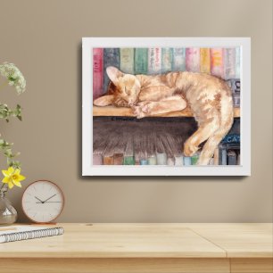 Watercolor Sleeping Orange Tabby on a Bookshelf Framed Art