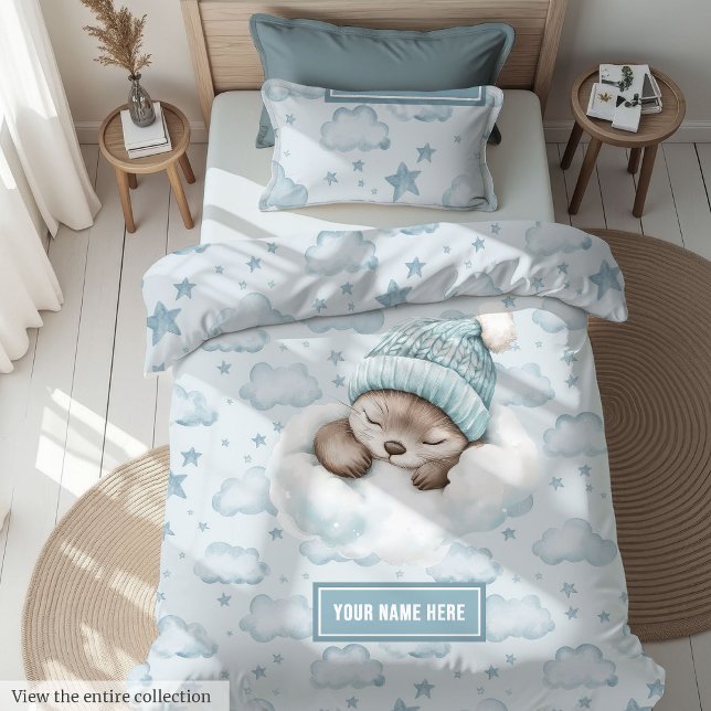 Watercolor sleeping otter pastel blue duvet cover (Neutral tones sleeping animal duvet, perfect for baby shower or newborn gift.)