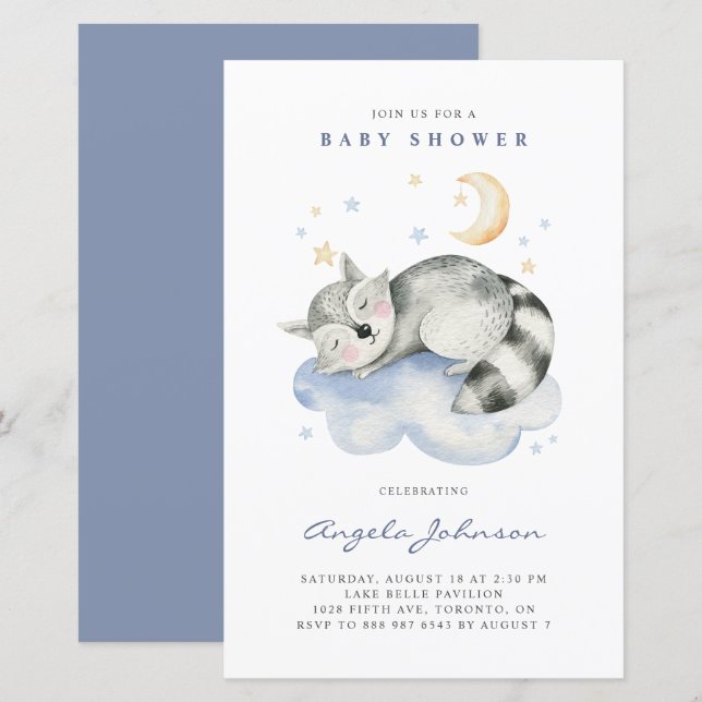 Watercolor Sleeping Raccoon Baby Shower Invitation (Front/Back)