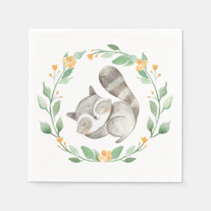 Watercolor Sleeping Raccoon Greenery Wreath Napkins