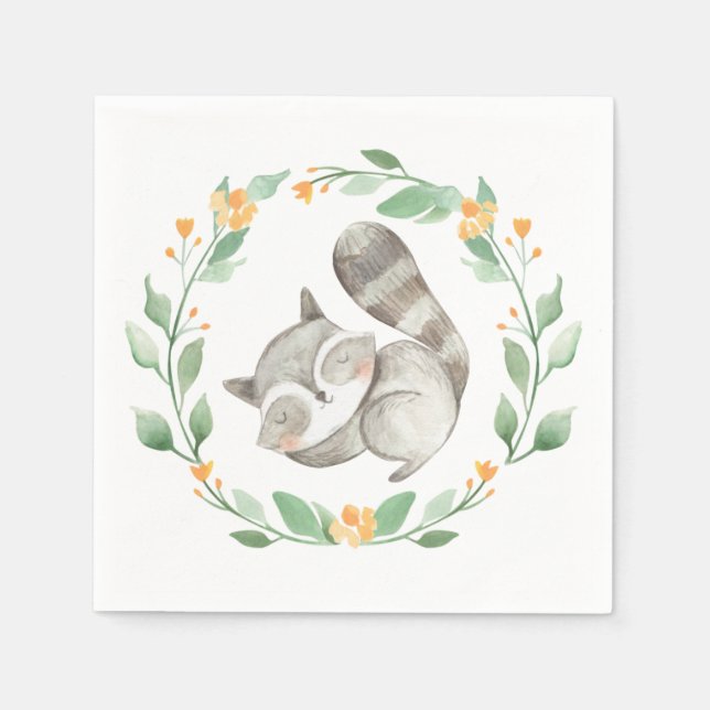 Watercolor Sleeping Raccoon Greenery Wreath Napkins (Front)