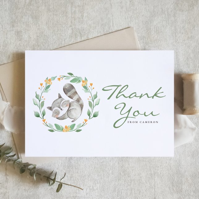 Watercolor Sleeping Raccoon Wreath Baby Shower Thank You Card (Creator Uploaded)