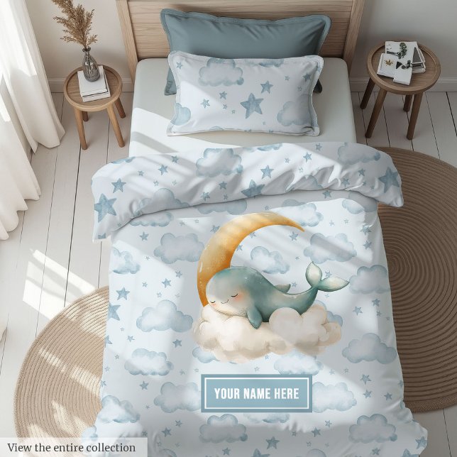 Watercolor sleeping whale pastel blue duvet cover (Sweet watercolor sleeping animal duvet cover, personalized nursery bedding design.)