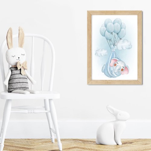 Watercolor Sleepy Elephant Ballon Funny Nursery Poster