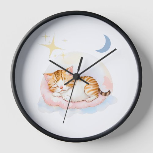 Watercolor Sleepy Kitty on Fluffy Clouds Nursery Clock