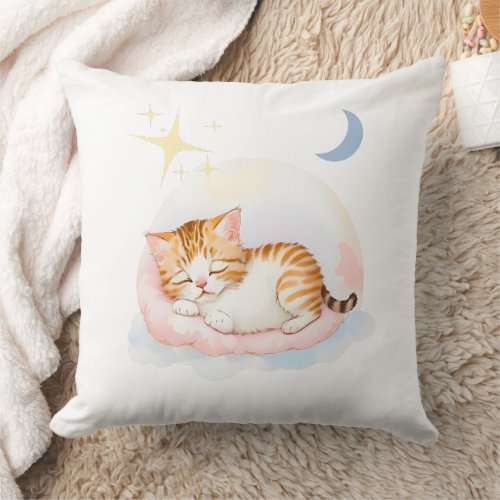 Watercolor Sleepy Kitty on Fluffy Clouds Nursery  Throw Pillow
