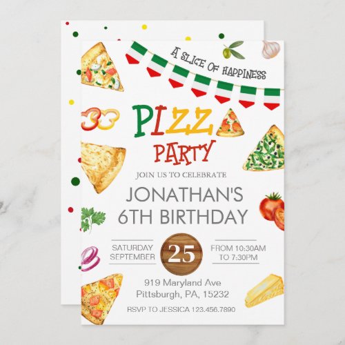 Watercolor Slice Kids Pizza Party Birthday Invitat Invitation