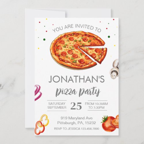 Watercolor Slice Kids Pizza Party Birthday Invitation