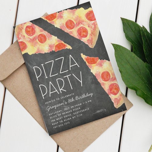 Watercolor Slice  Kids Pizza Party Birthday Invitation