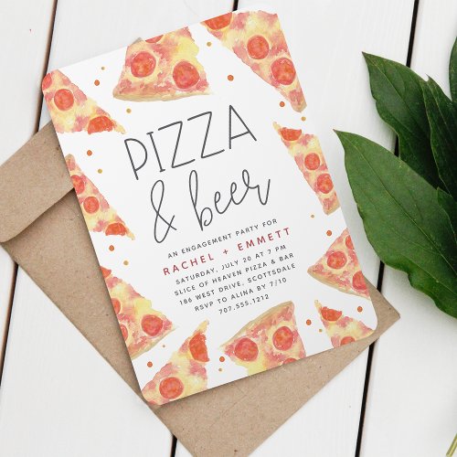 Watercolor Slice  Pizza  Beer Engagement Party Invitation
