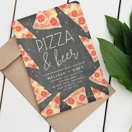 Watercolor Slice  Pizza  Beer Housewarming Party Invitation