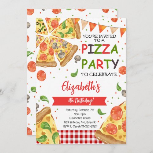Watercolor Slice Pizza Birthday Party Invitation