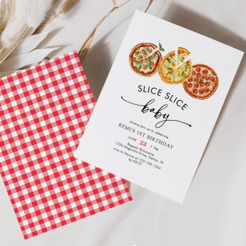 Watercolor Slice Slice Baby Pizza First Birthday Invitation