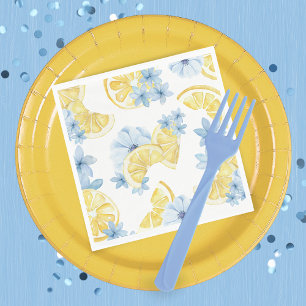 Watercolor Sliced Lemon and Blue Flower Patterned Napkins