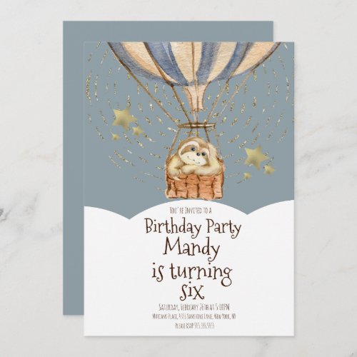 Watercolor Sloth Airballoon Birthday Dusty Blue Invitation