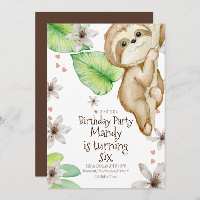 Watercolor Sloth Hanging Heart Floral Birthday  Invitation (Front/Back)
