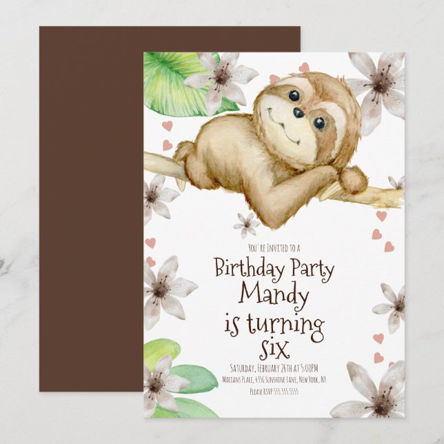 Watercolor Sloth Heart Floral Birthday  Invitation (Front/Back)