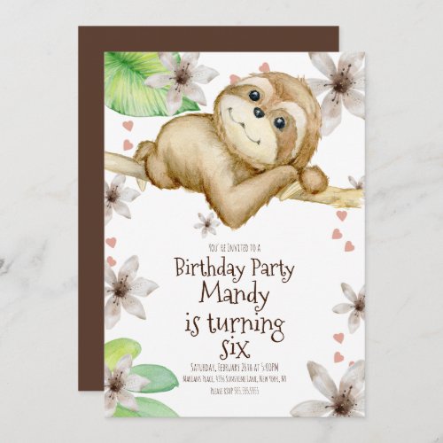 Watercolor Sloth Heart Floral Birthday  Invitation