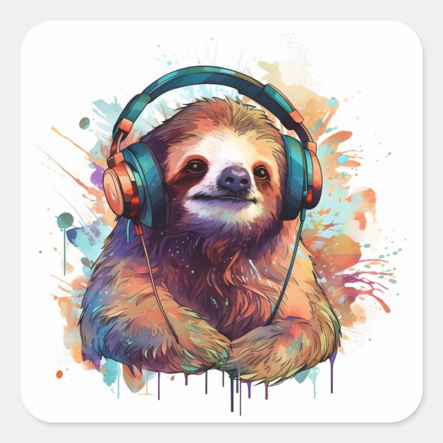 Watercolor Sloth Lost in the Rhythm  Square Sticker (Front)