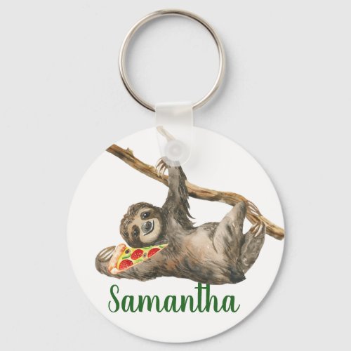 Watercolor Sloth Monogram Pizza Funny Keychain