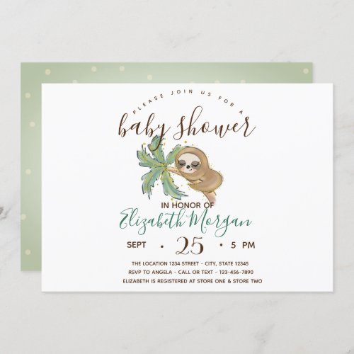 Watercolor  Sloth Polka Dots Baby Shower  Invitation