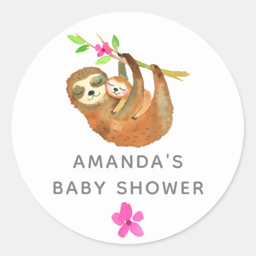 Watercolor Sloth themed Baby Shower Classic Round Sticker